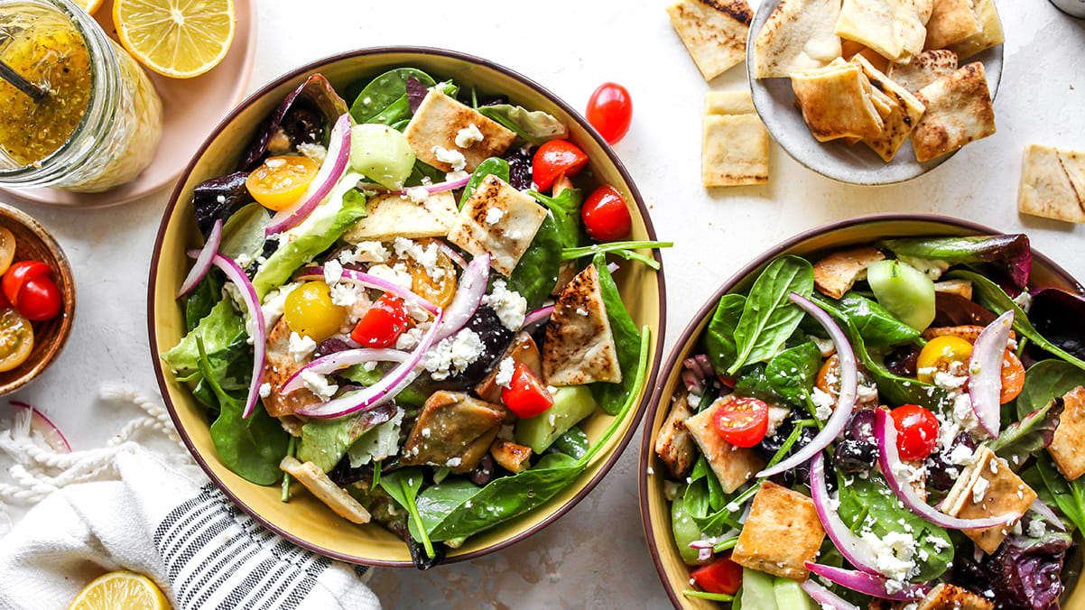 Grilled Little Gem Salad with Pita Croutons Recipe