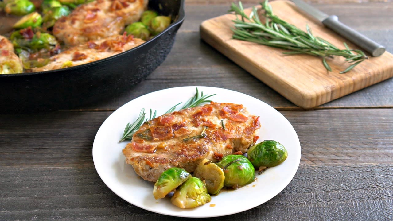 One Pan Pork Chop Bacon Brussels Sprout Skillet