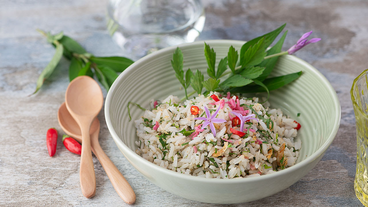 How to make simple Malaysian Nasi Ulam (Herb Rice Salad)