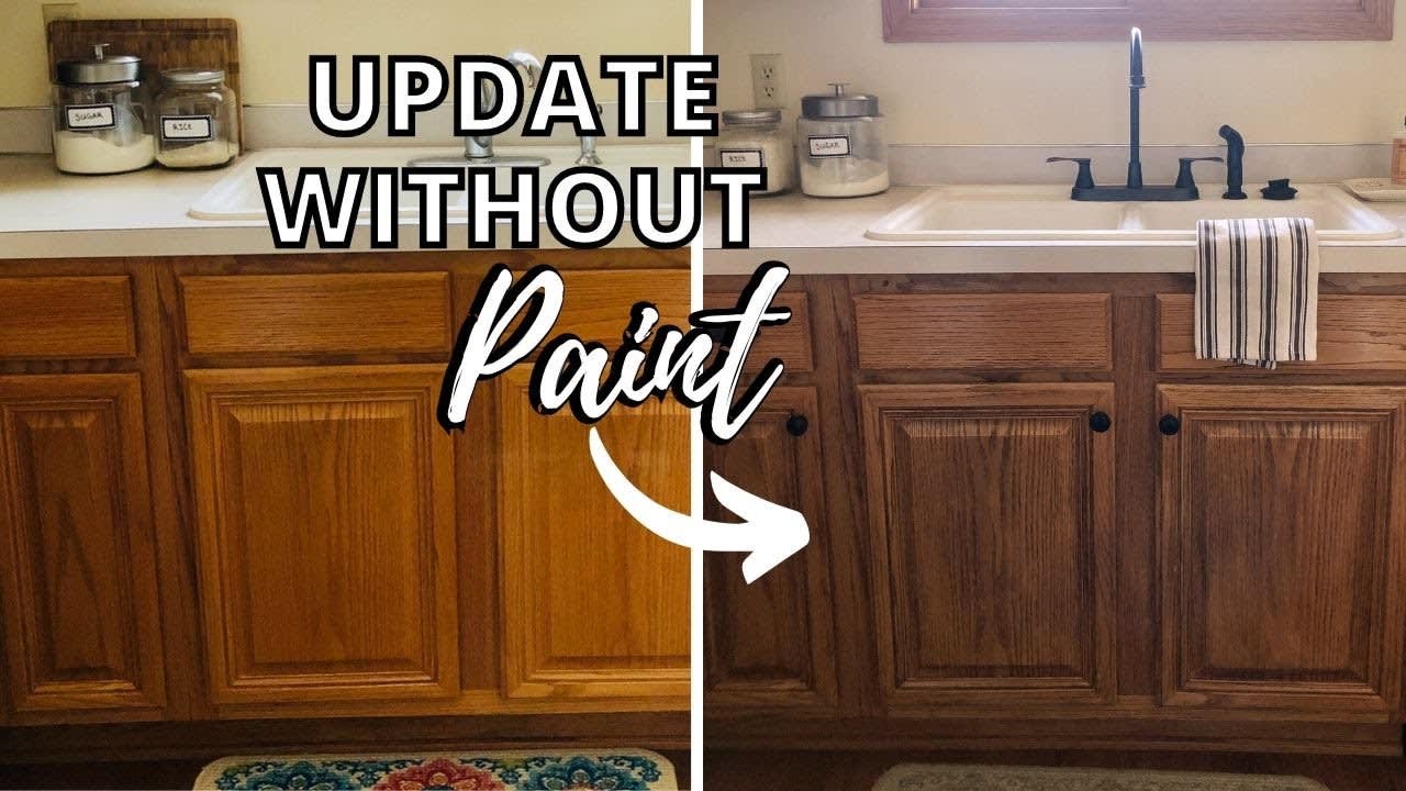 Before/After. 20 year old oak cabinets treated with Briwax Tudor Brown.  Soapy water wipe down of cabinets…