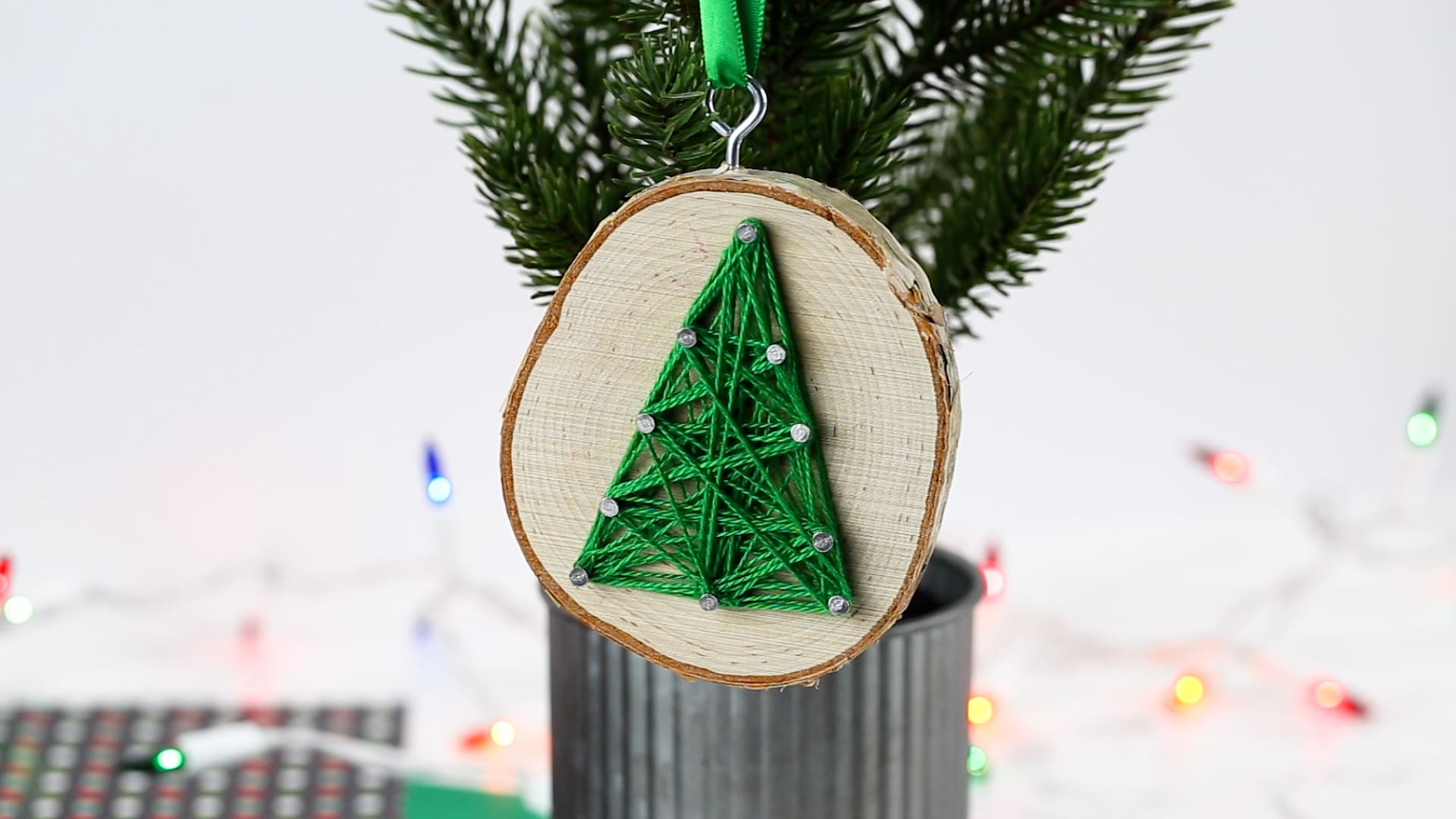 Wood Slice String Art Ornament - Happy Brown House