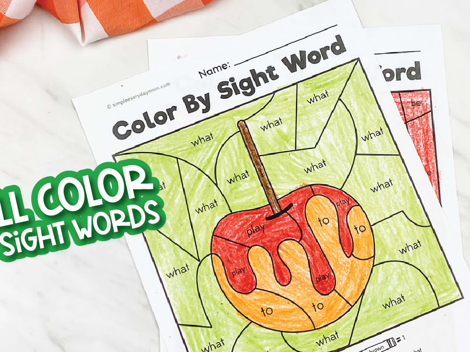 fall color by sight word worksheets