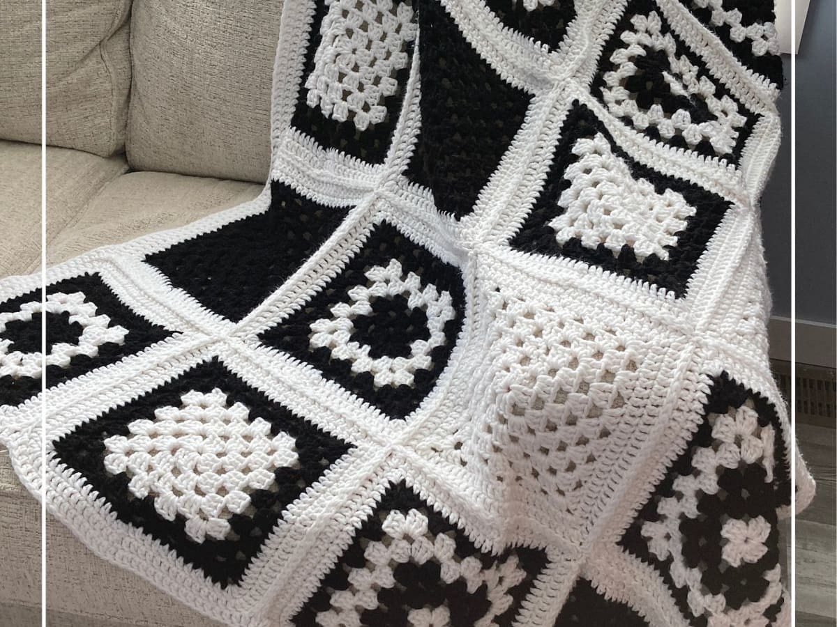 Grey and white granny square blanket top