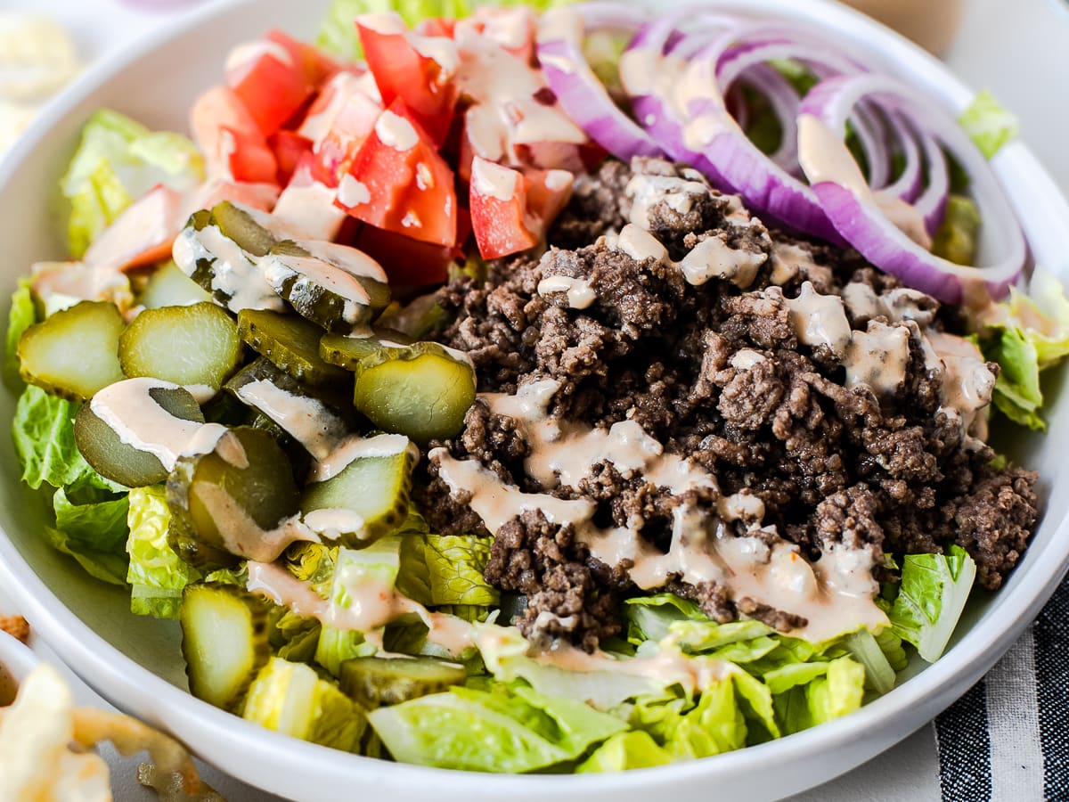 Loaded Burger Salad Bowl with Special Sauce - Haute & Healthy Living