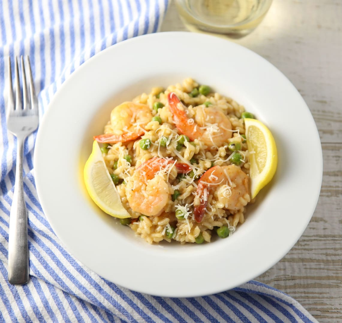 Decadently Creamy Risotto with Pan Seared Garlic Shrimp and Peas