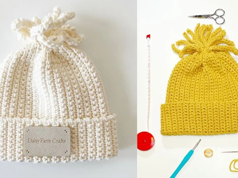 Easy Crochet Cotton Pom Pom Beanies - Daisy Farm Crafts