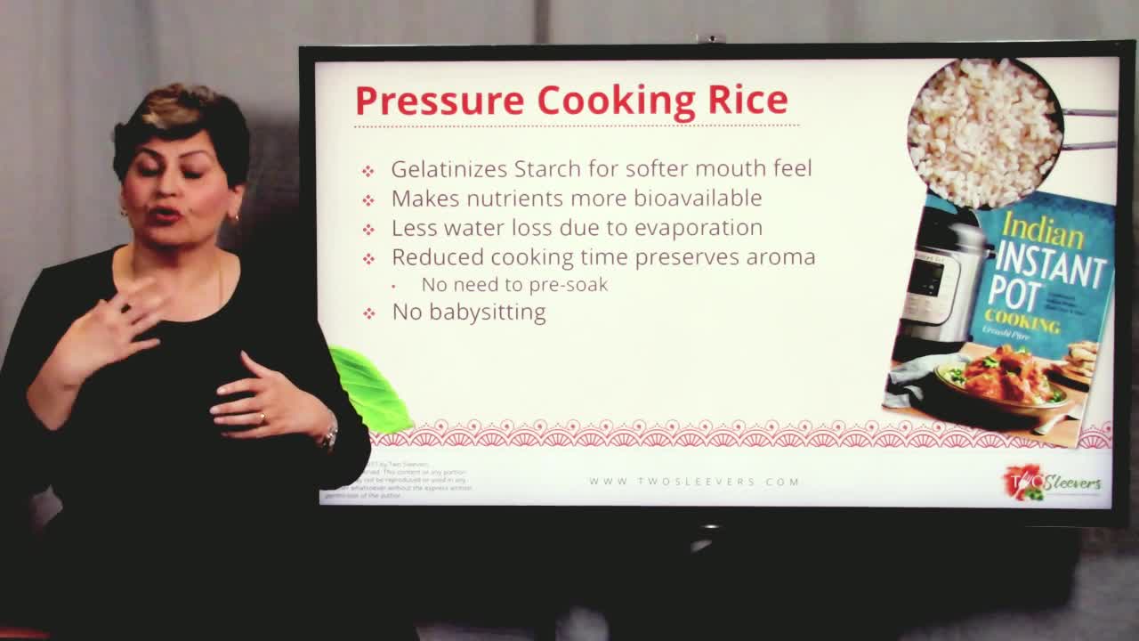 Woman in front of a powerpoint presentation about Pressure Cooking Rice.