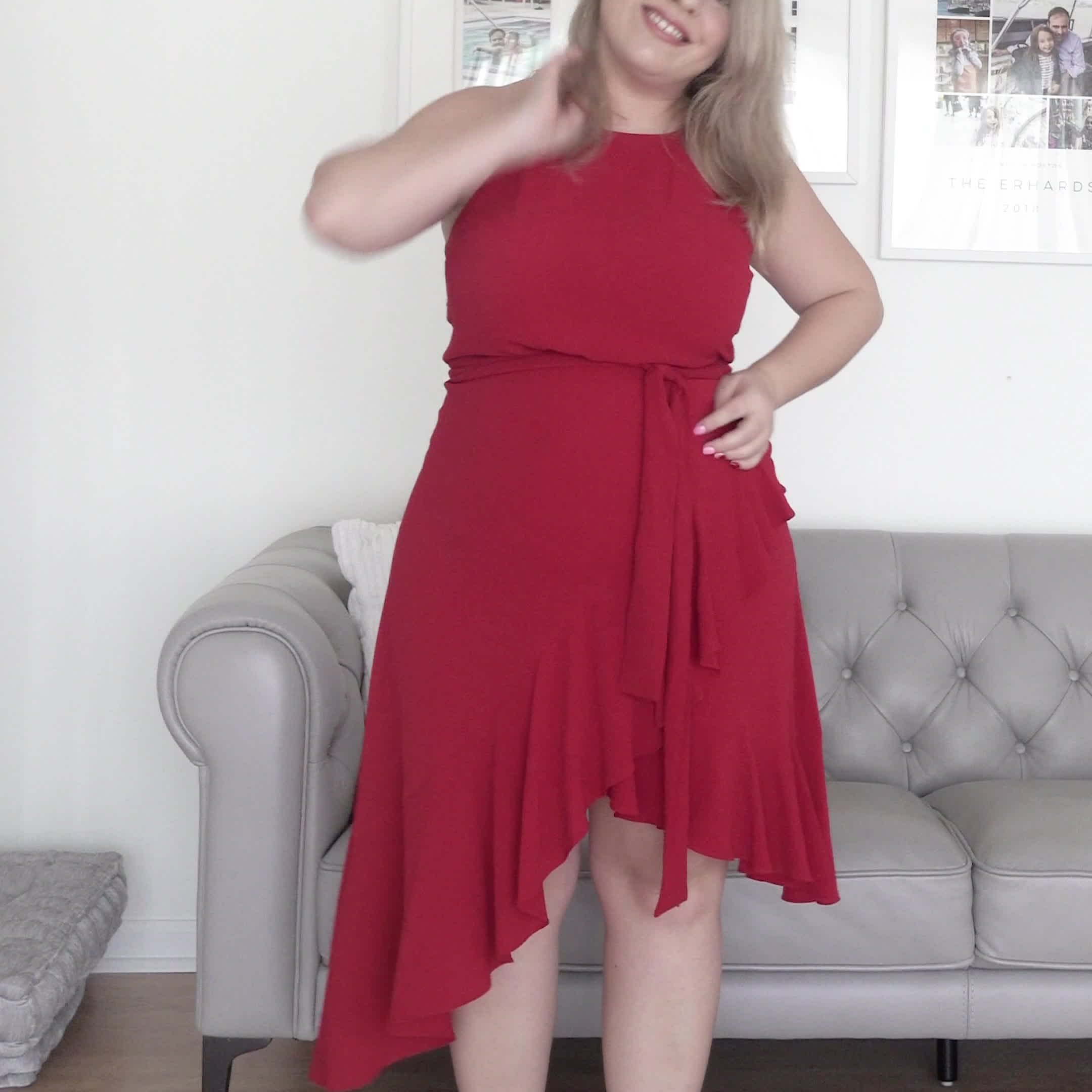 Red dress with top rose gold shoes